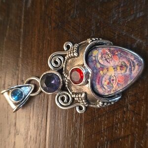 Vintage Sajen Pendant Bali Goddess Gemstones Turquoise 925 Silver 1980'S